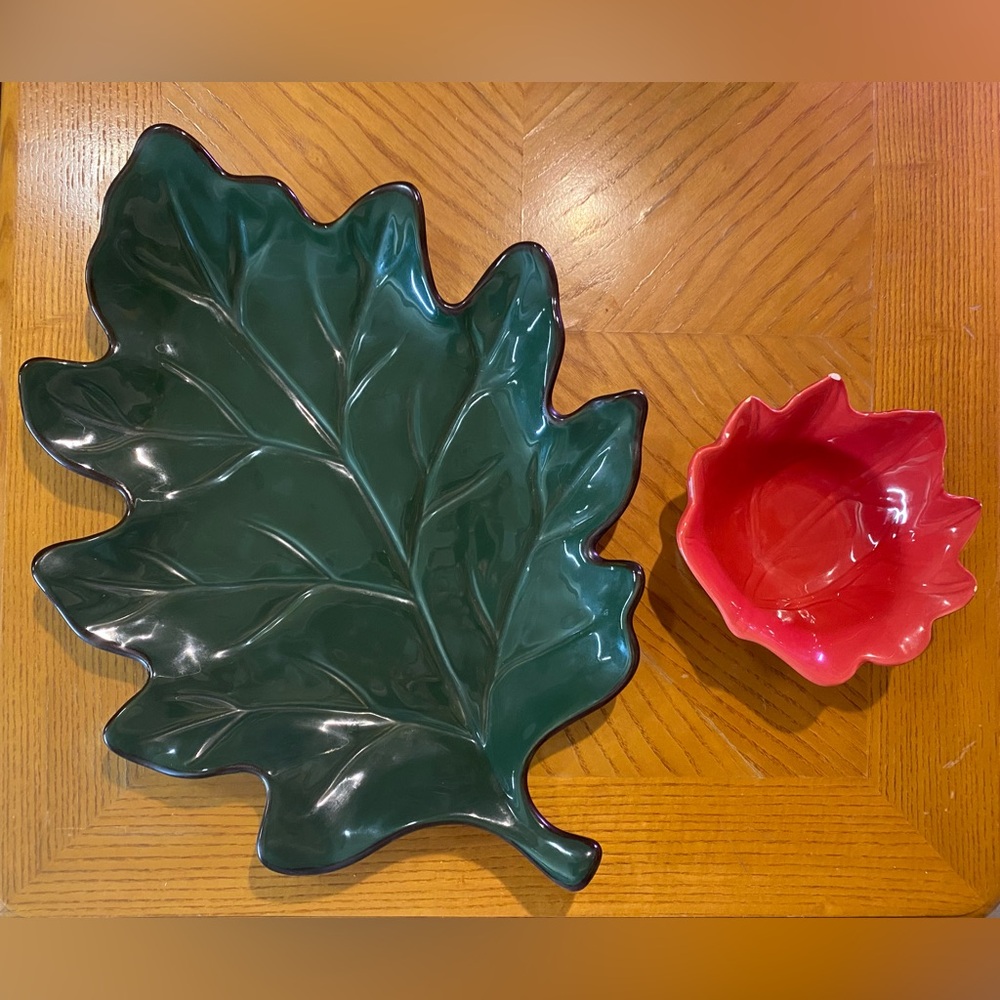 Target Home Large Leaf-Shaped Ceramic Serving Platter and Bowl - Green & Red